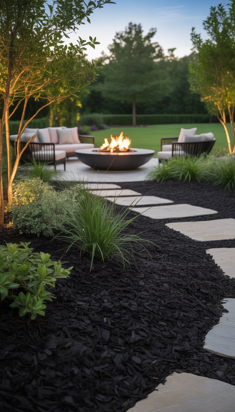 Outdoor fire pit area surrounded by black mulch, green plants, stone pathway, and seating.