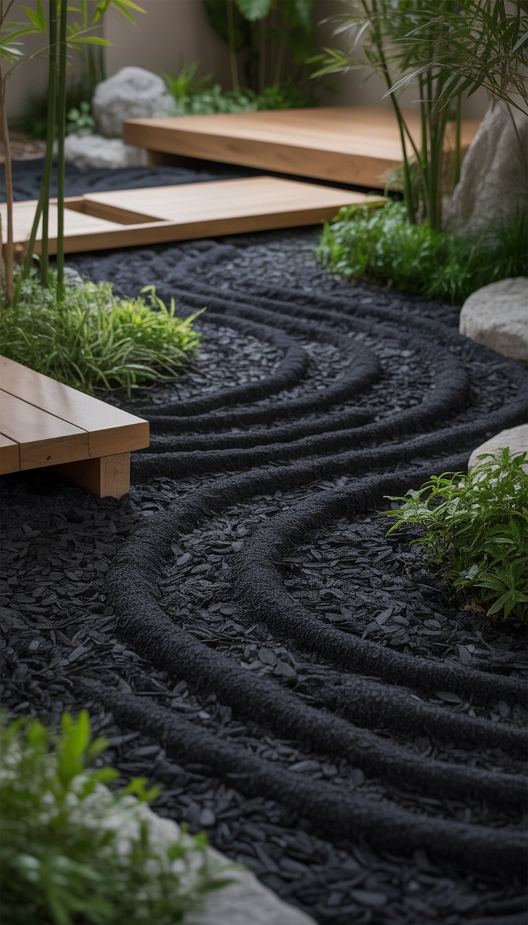 A peaceful outdoor meditation garden with black mulch, stones, and green plants arranged in a calm and inviting setting.