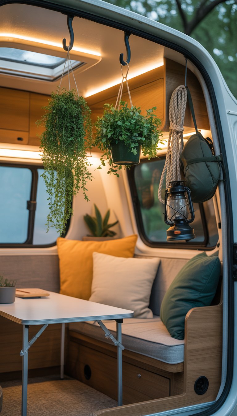 Interior of a small camper with hanging plants and camping gear suspended from ceiling hooks above a seating area.