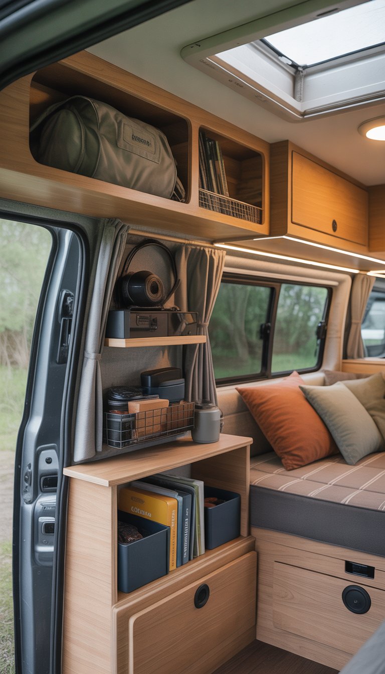 Interior of a small camper van with custom shelving over the cab holding organized storage items.