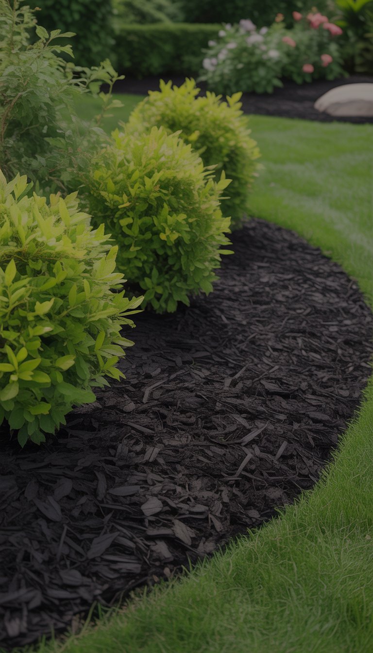 Shrubs planted in a garden bed with black mulch spread underneath to suppress weeds and enhance the plants' color.