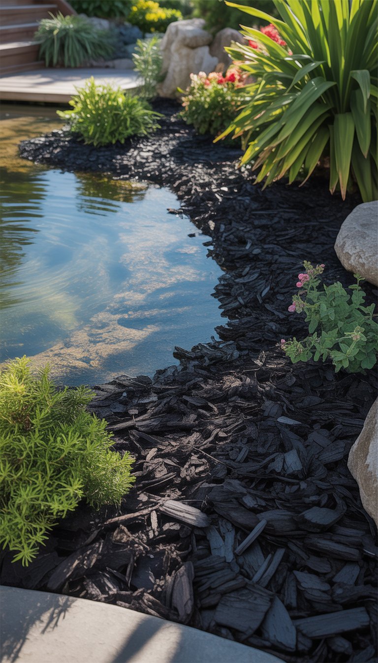 A garden with a water feature bordered by black mulch, surrounded by green plants and flowers.
