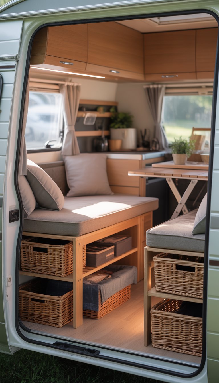 Small camper interior with benches that have baskets and crates underneath for hidden storage, featuring light wood finishes and natural light.