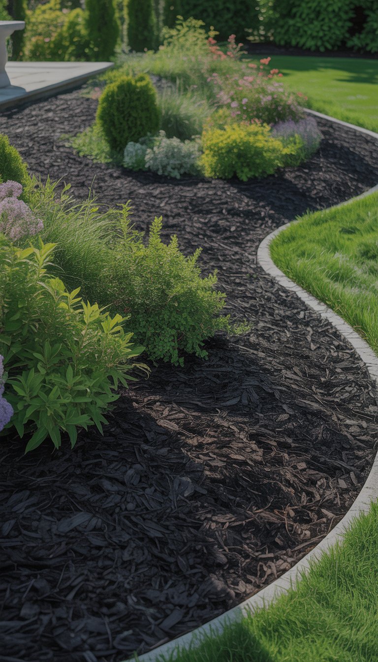 A garden with curving beds covered in black mulch, surrounded by green plants and colorful flowers.