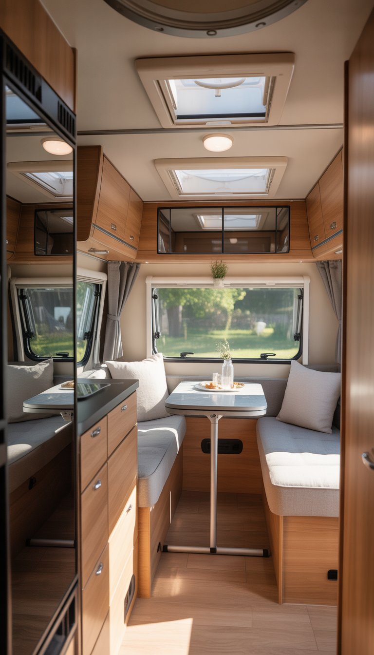 Interior of a small camper with mirrors reflecting light to make the space appear larger, featuring seating, a dining table, and storage.