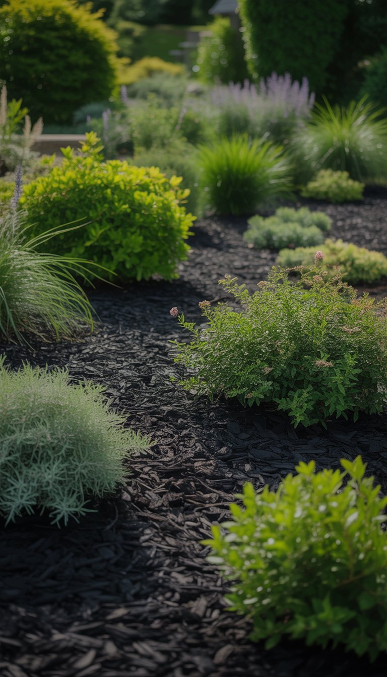 A garden bed with black mulch and various green native plants arranged neatly outdoors.