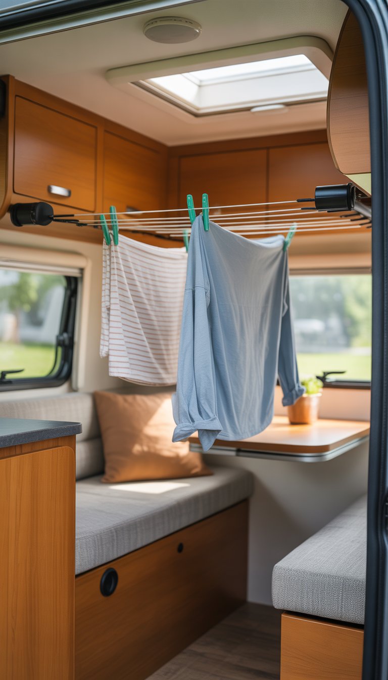 Interior of a small camper with a retractable clothesline extended holding clothes, surrounded by wooden cabinets and cozy furnishings.