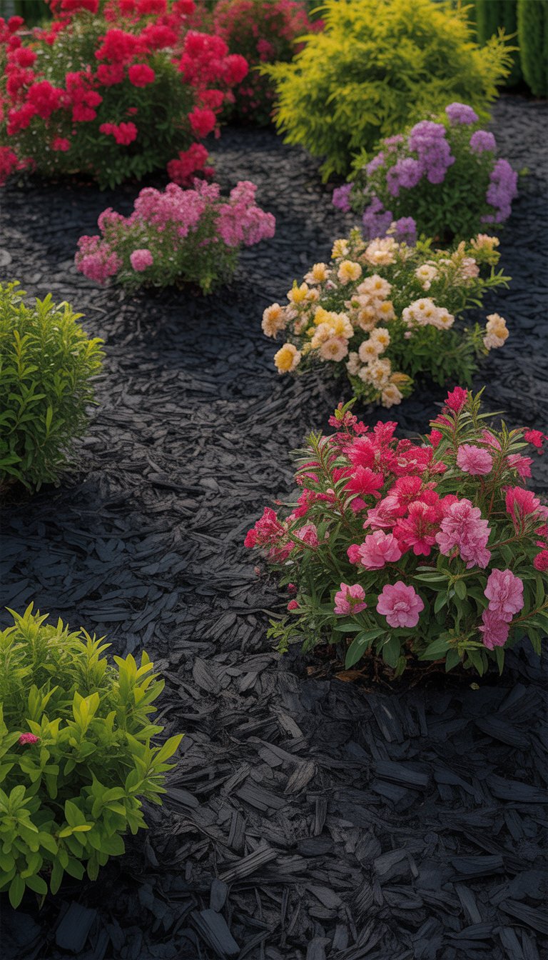 Colorful flowering shrubs planted in black mulch in a garden setting.
