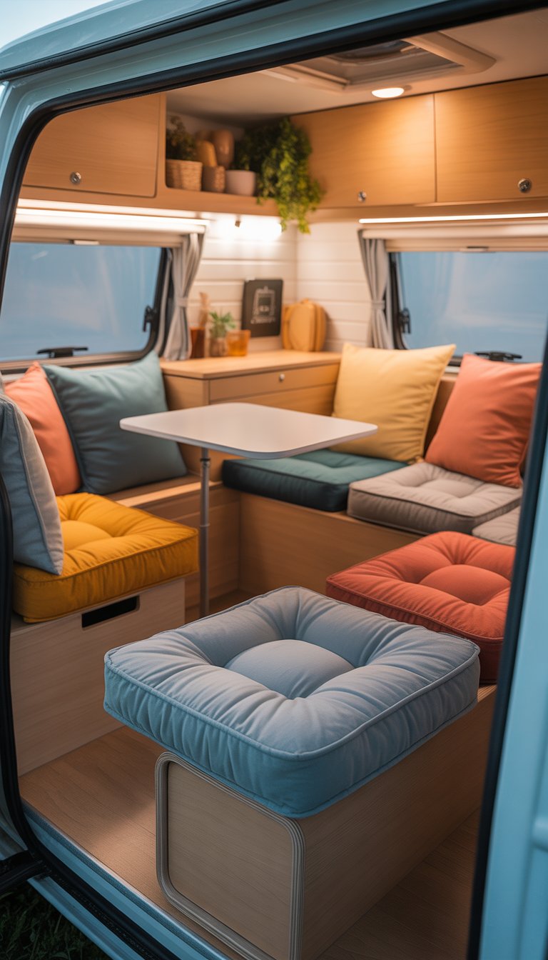 Interior of a small camper with modular cushions arranged for flexible seating on built-in benches and a foldable area.