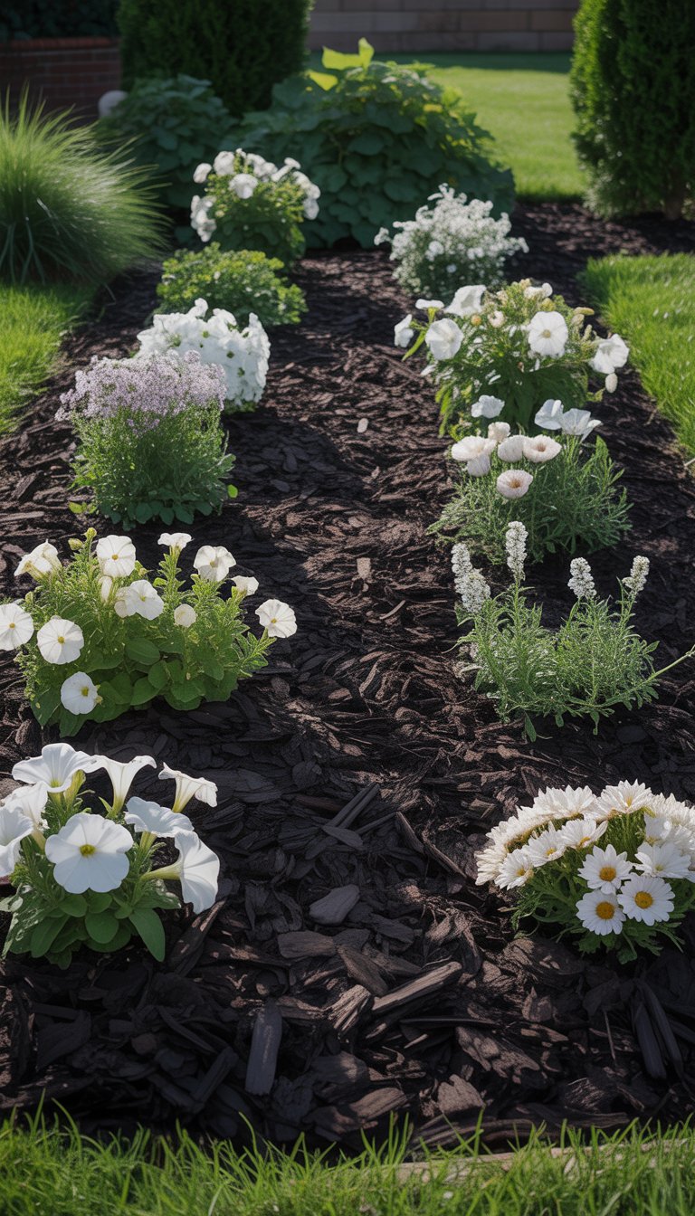 A garden bed with black mulch planted with white and light-colored flowers surrounded by green grass.
