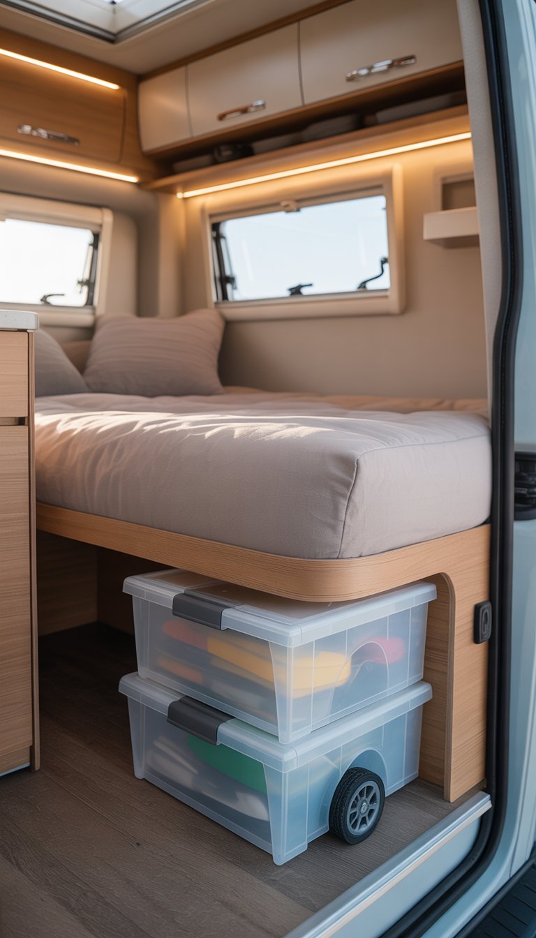 Interior of a small camper showing under-bed storage boxes with wheels neatly placed under a raised bed platform.