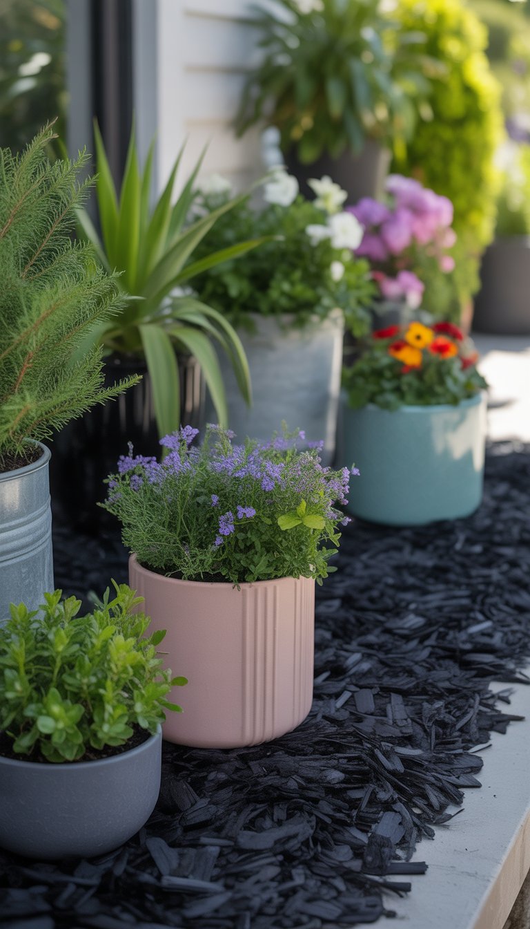 A container garden with various plants growing in pots filled with black mulch on a patio.