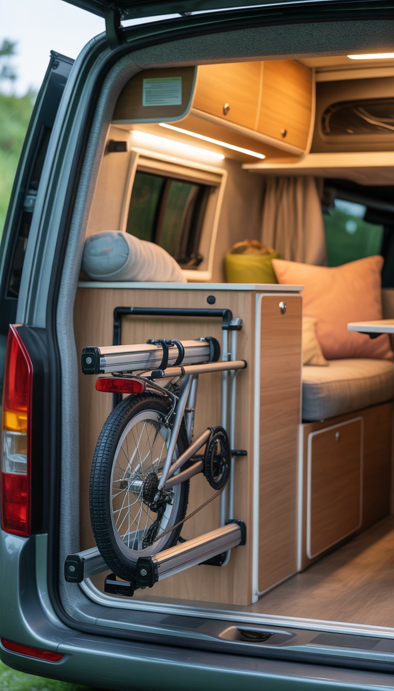 Interior of a small camper van with a fold-away bicycle rack mounted inside the door holding a folded bicycle.