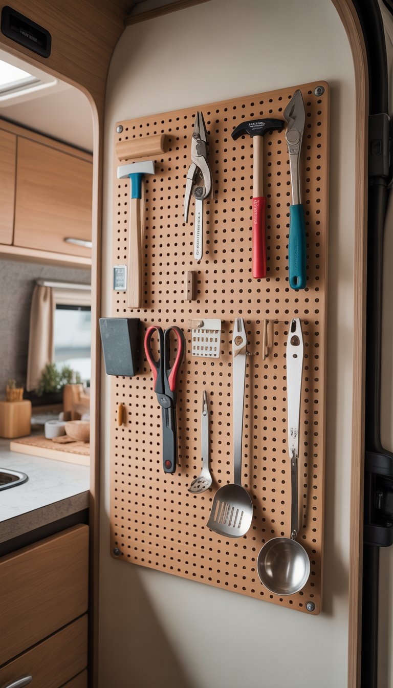 A pegboard wall inside a small camper with various tools and utensils hanging neatly, showing an organized and compact camper interior.