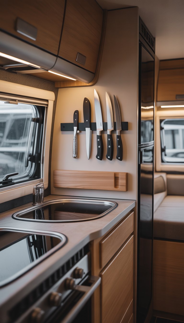 Small camper kitchen area with a magnetic knife strip holding knives above a countertop with a sink and stove.