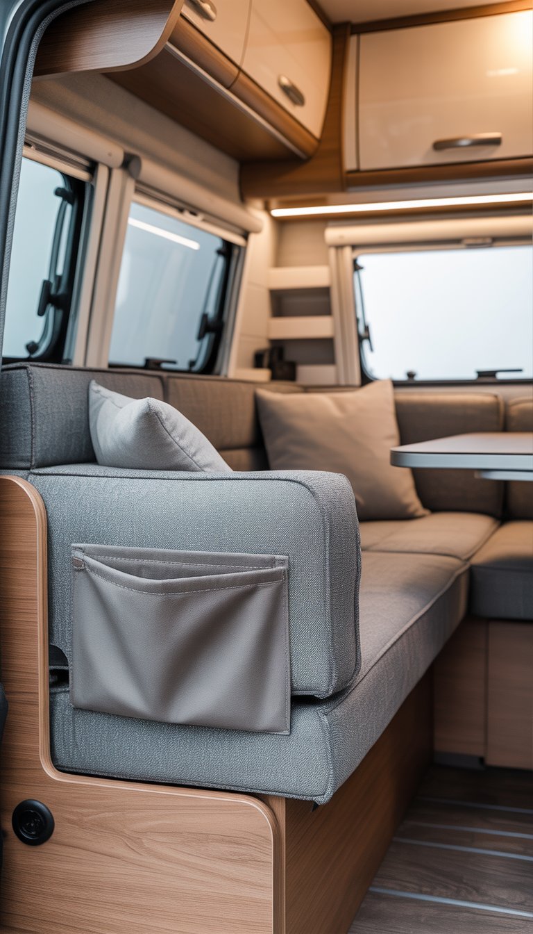 Interior of a small camper showing seating with built-in storage pockets and a compact, organized living space.
