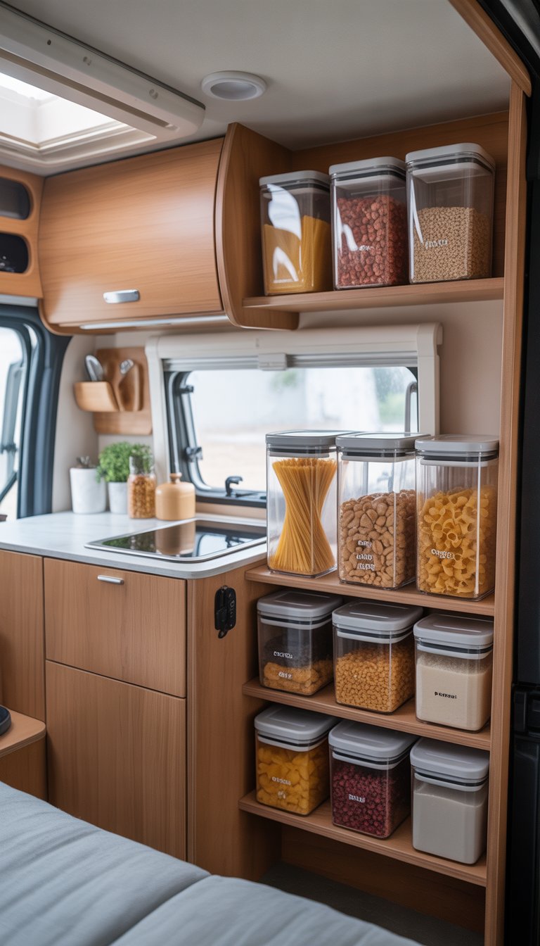 Interior of a small camper with lightweight stackable containers storing dry goods on shelves and countertop.
