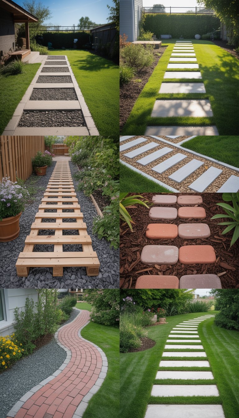 A backyard with several different types of inexpensive DIY walkways made from gravel, wood, stones, bricks, and mulch surrounded by grass and plants.