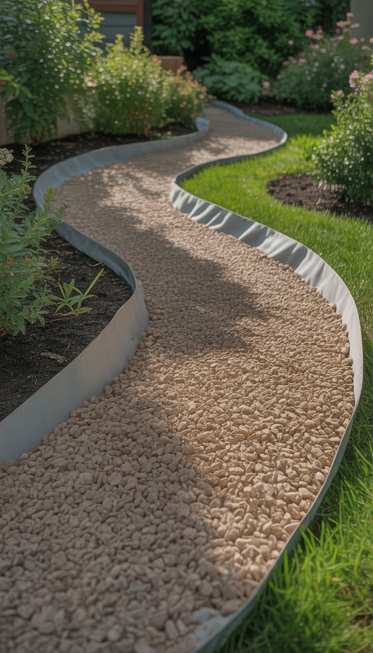 A gravel pathway with landscape fabric underneath, winding through a garden with grass and plants on either side.