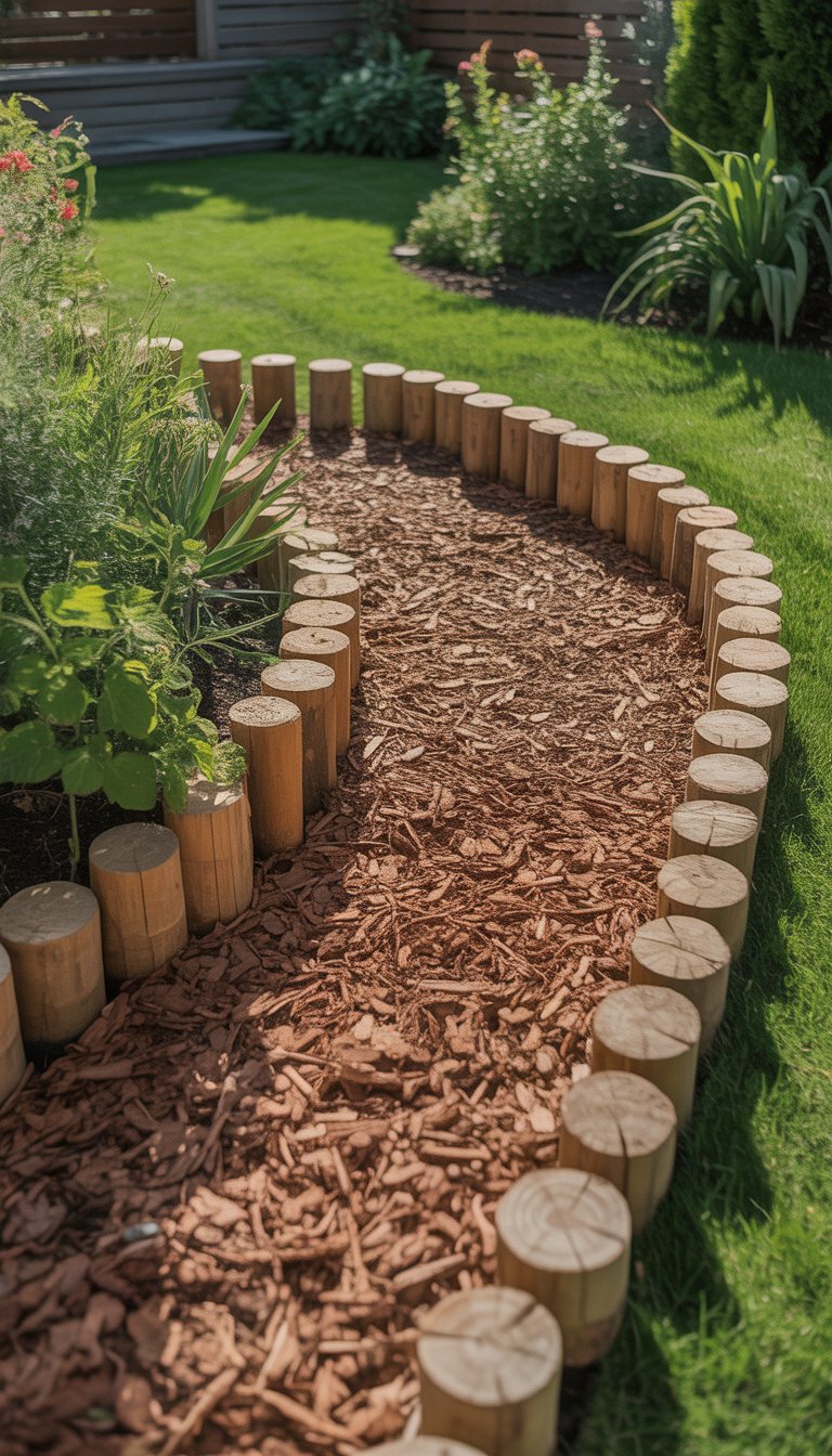 A garden pathway made of brown mulch bordered by wooden logs surrounded by green grass and plants.