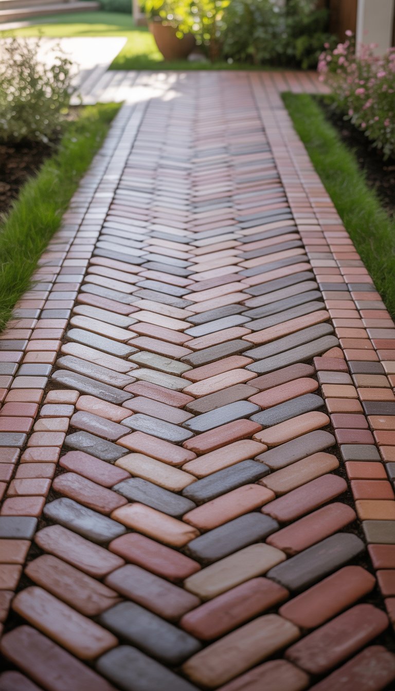 A brick paver walkway in a herringbone pattern bordered by grass and plants.
