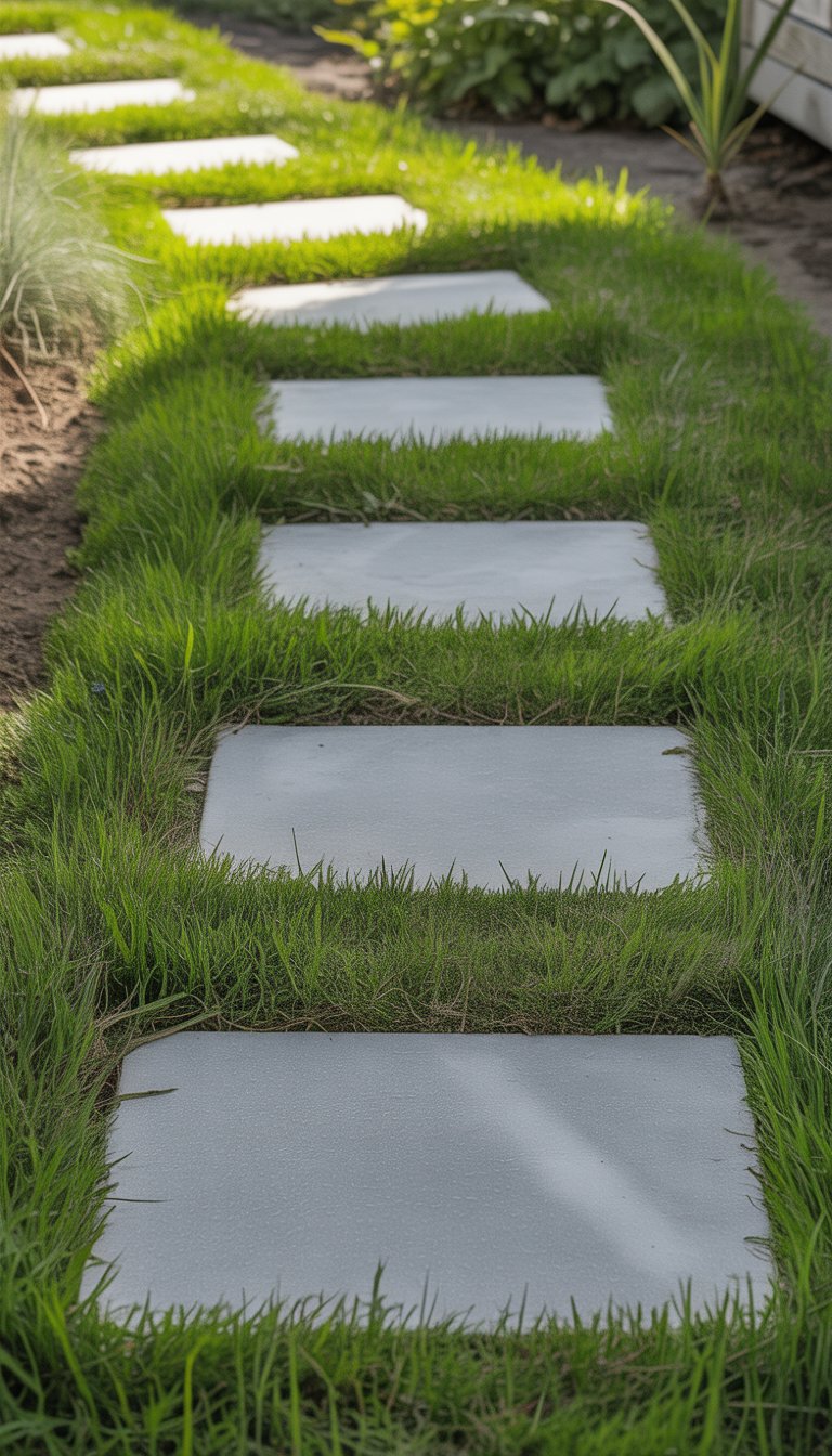 Concrete stepping stones arranged in green grass forming a garden walkway.