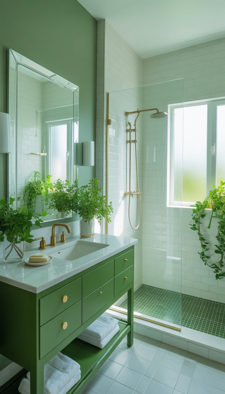 A modern bathroom with green walls, a green vanity, plants, a walk-in shower, and natural light.