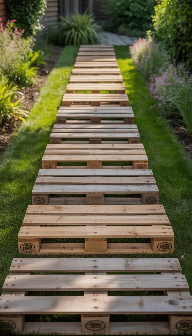A wooden pallet stepping path surrounded by grass and flowering plants in a garden.