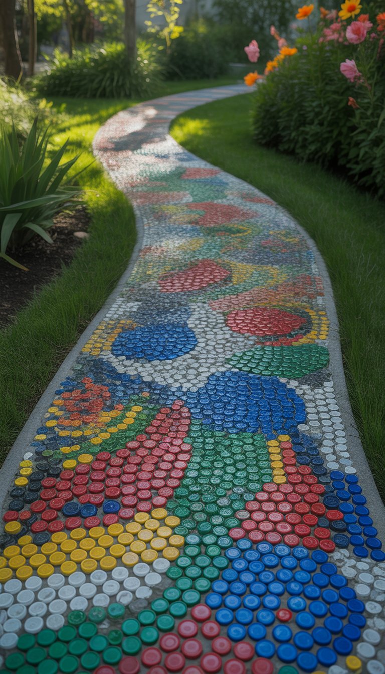 A garden walkway made from a colorful mosaic of recycled bottle caps surrounded by grass and flowers.