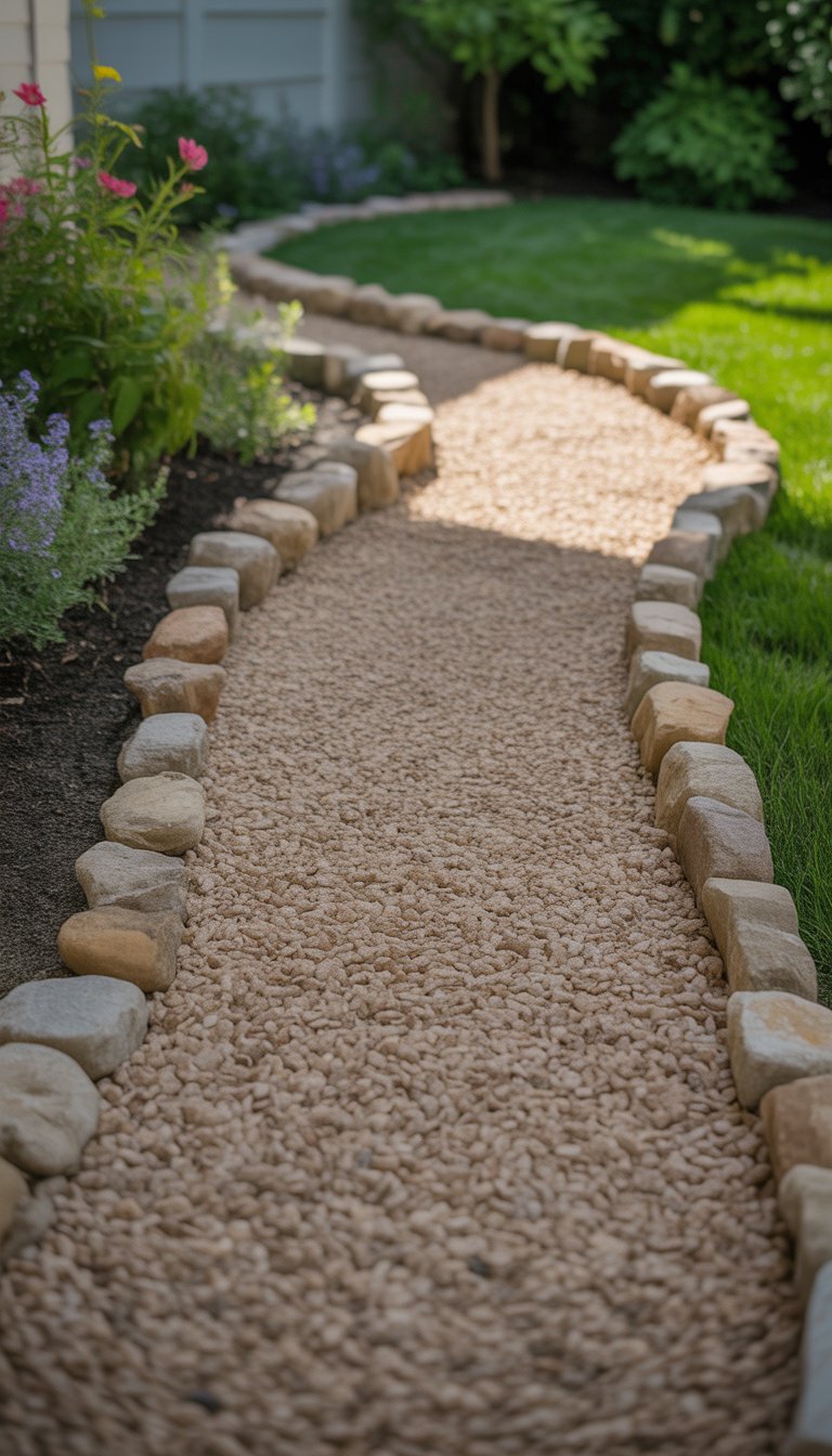A garden walkway made of pea gravel with natural stone borders surrounded by grass and plants.