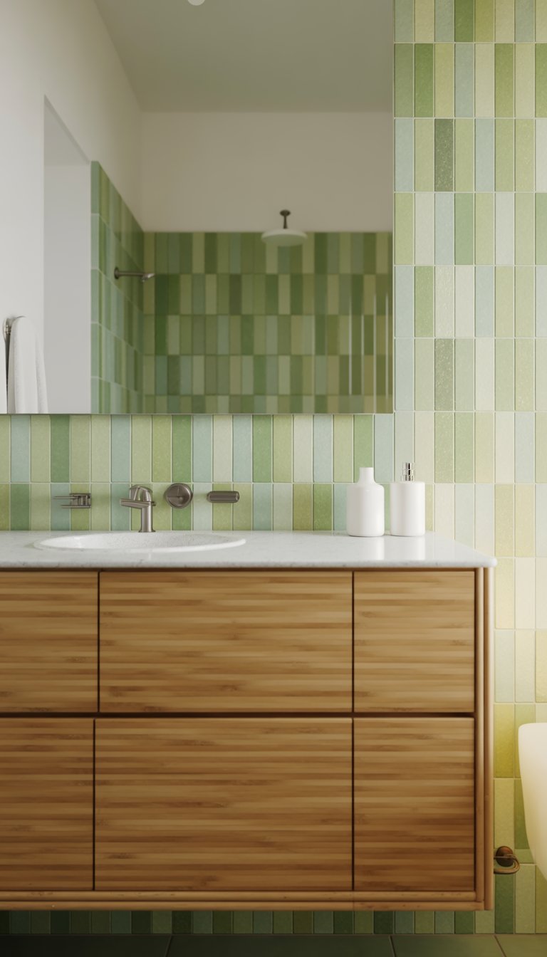 A bathroom with a bamboo vanity and light green wall tiles, featuring a white sink and a large mirror.