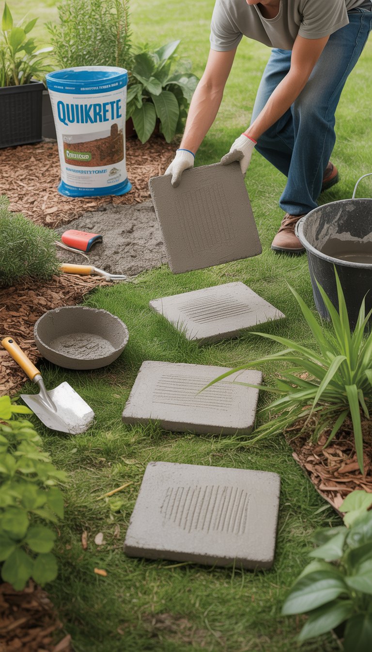 A person placing concrete stepping stones to create a garden walkway surrounded by grass and plants.