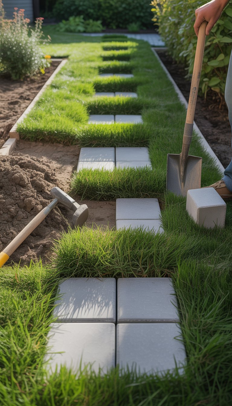 Close-up of a garden walkway with concrete pavers being installed into cut grass surrounded by green lawn and garden plants.