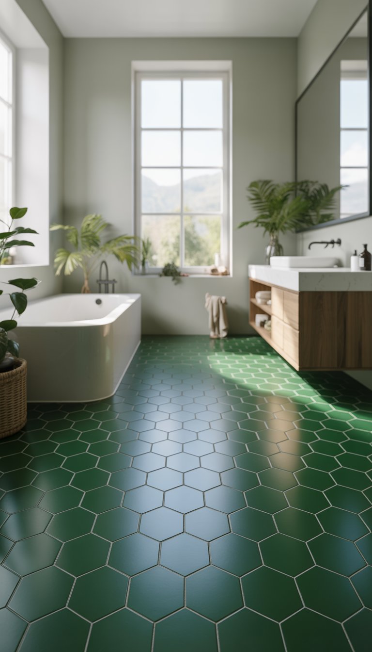 A bright bathroom with forest green hexagonal floor tiles, a white bathtub, wooden vanity, and green plants.