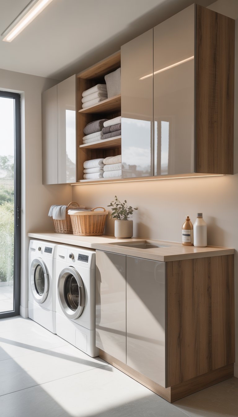 A bright laundry room with modern cabinets, washer and dryer, open shelves with towels and plants, and a clean countertop.
