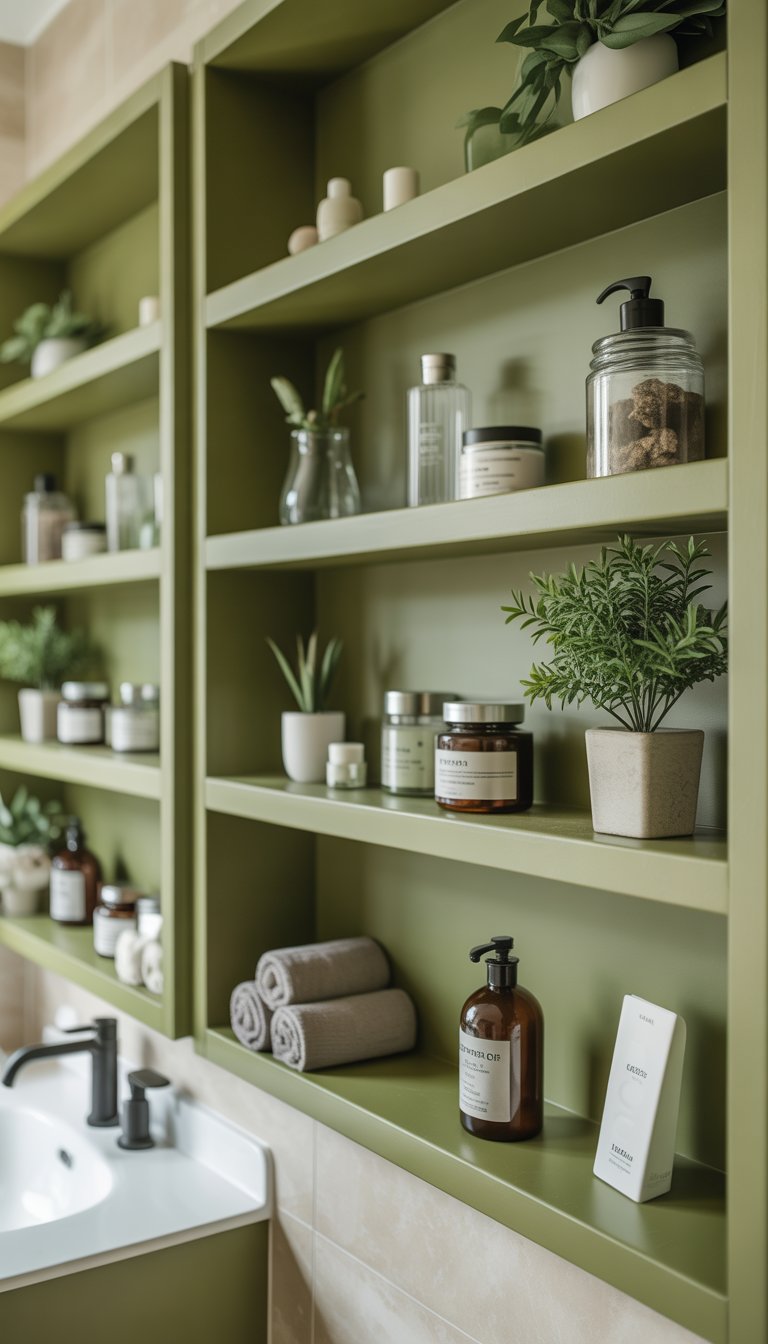 A bathroom with olive green wall-mounted shelves holding plants, towels, and toiletries against a light wall.