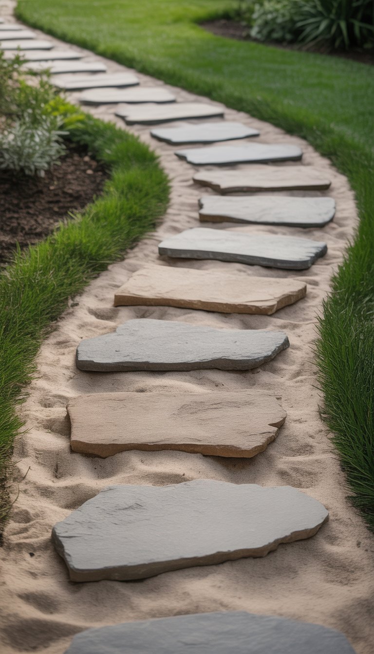 A stone flagstone path laid on sand, surrounded by green grass and garden plants.