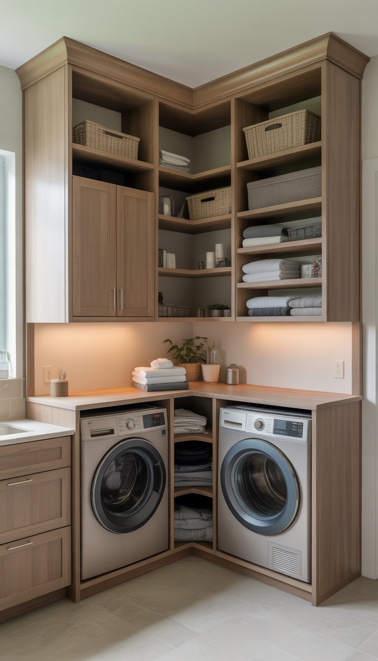 Laundry room with wrap-around cabinetry maximizing corner space, featuring a washing machine, dryer, and organized storage.