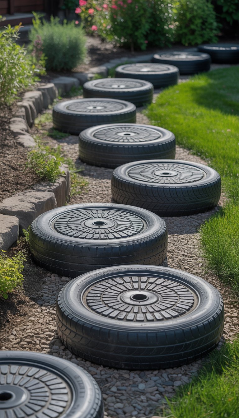 Outdoor garden pathway with stepping stones made from recycled tires surrounded by grass and plants.