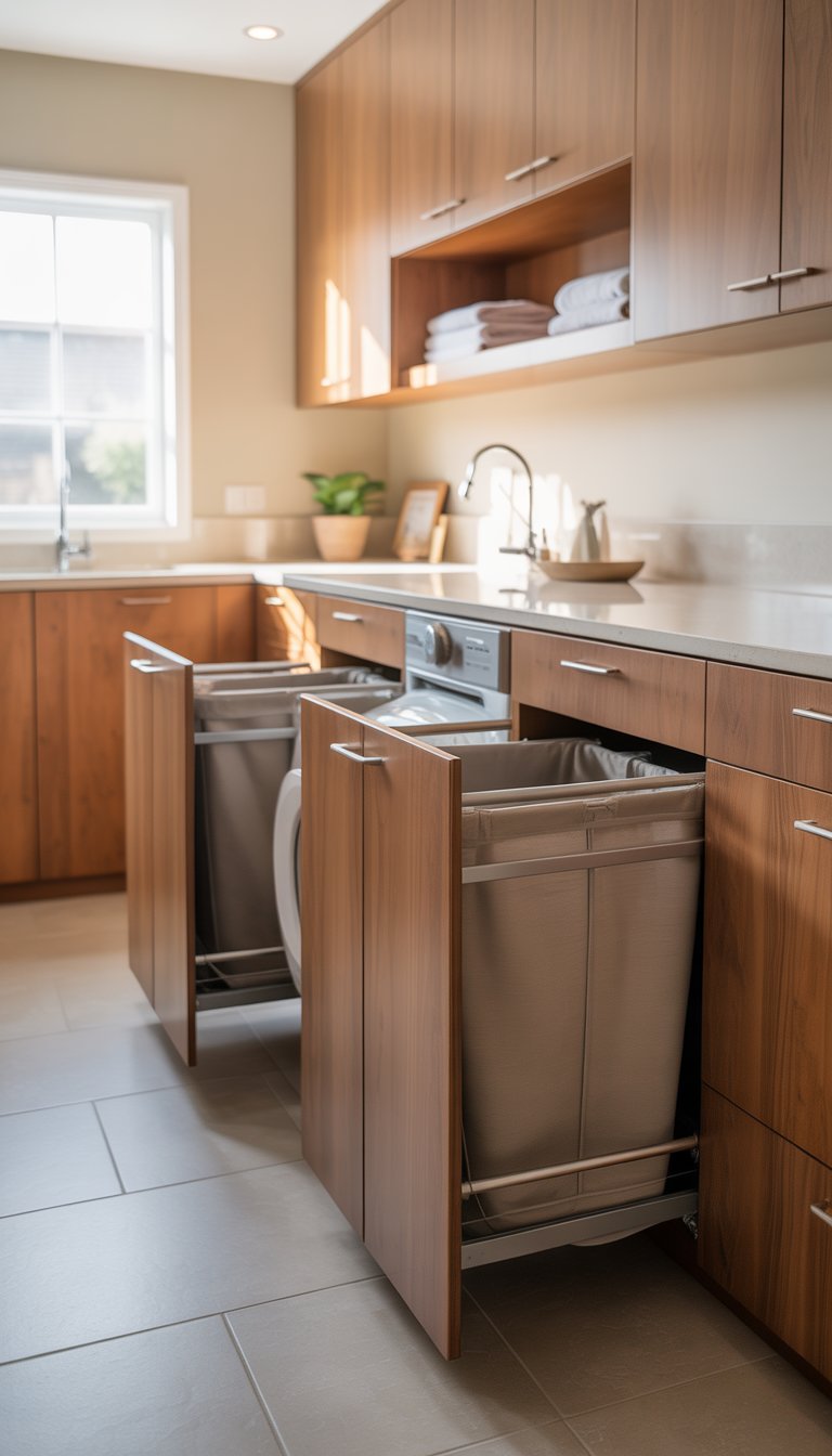 A bright laundry room with cabinets that have pull-out hampers integrated into them.