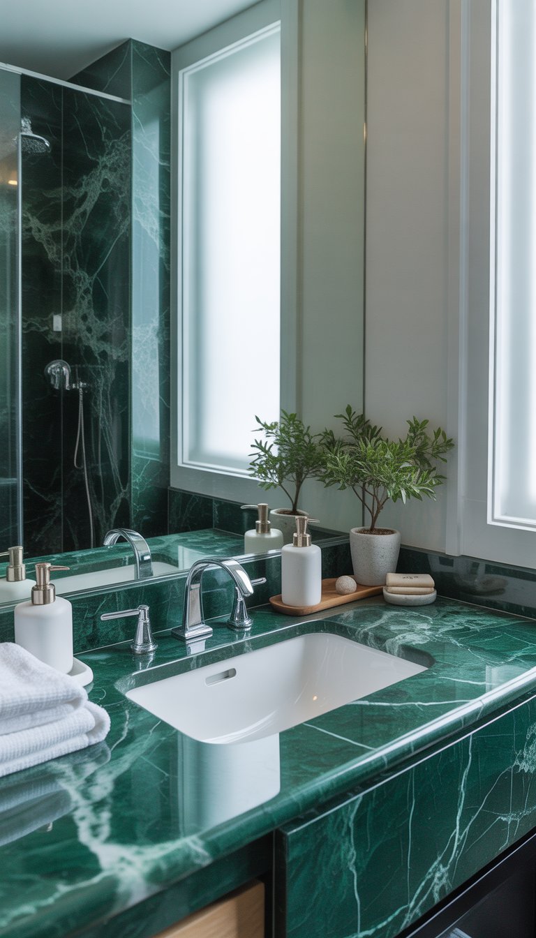 Bathroom with emerald green marble countertops, white sink, chrome fixtures, and natural light coming through a window.