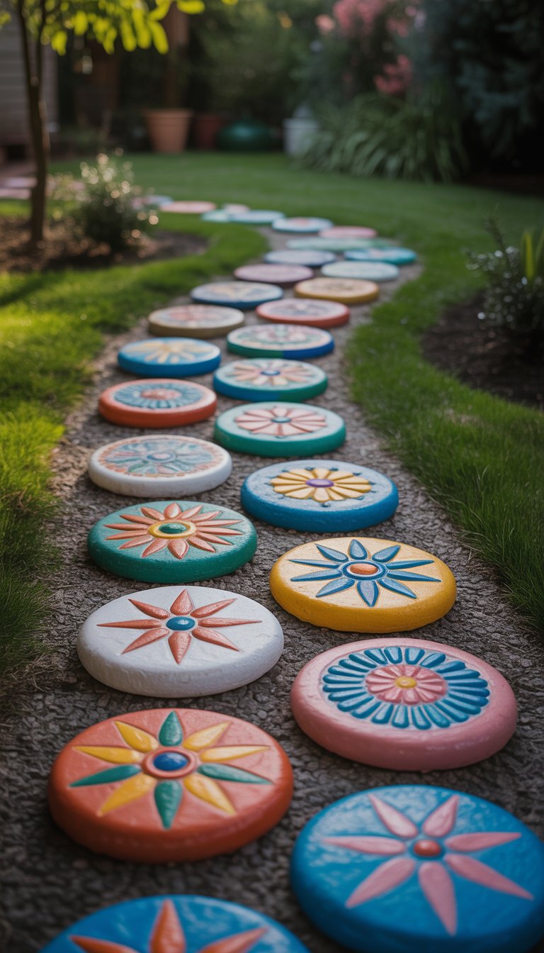 A garden walkway made of stepping stones painted with colorful designs, surrounded by grass and plants.