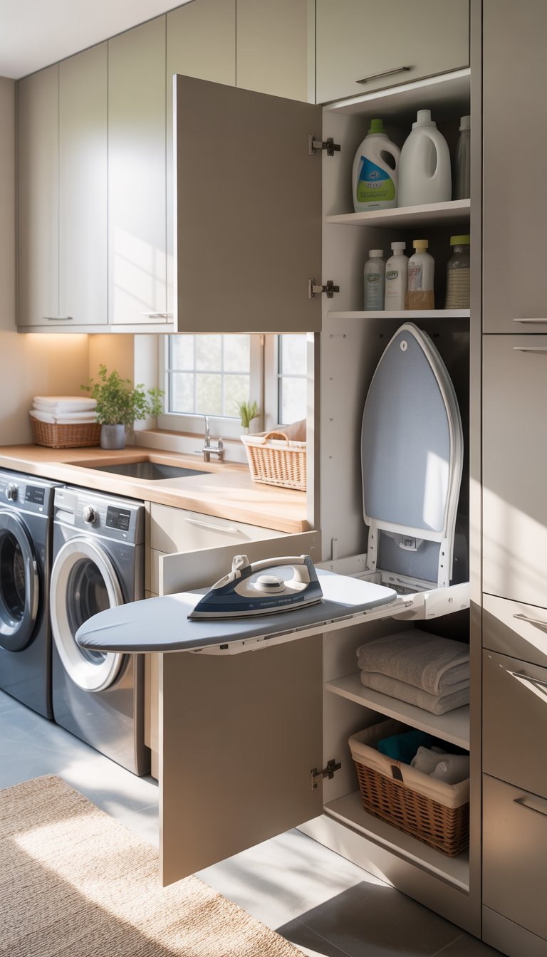 A modern laundry room with a built-in ironing board cabinet partially open, surrounded by organized shelves, washer and dryer, and folded linens.