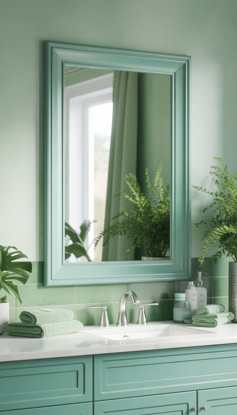 A bathroom with a seafoam green framed mirror above a white sink, surrounded by green accents and natural light.