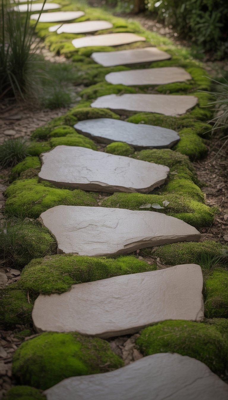 A natural stone pathway with moss growing between the stones surrounded by grass and plants.