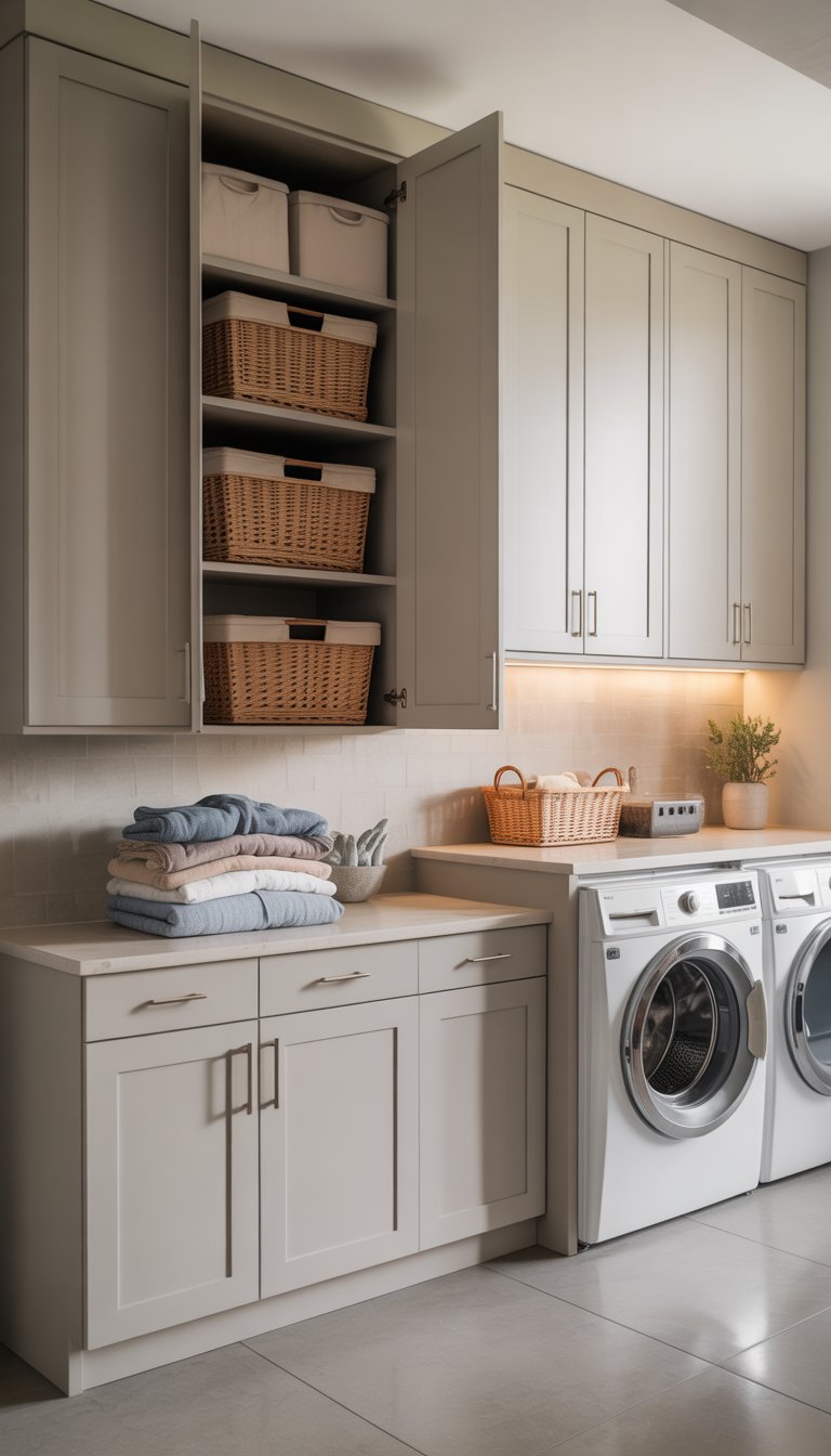 A laundry room with tall pantry-style cabinets, a washing machine and dryer, and organized storage baskets.