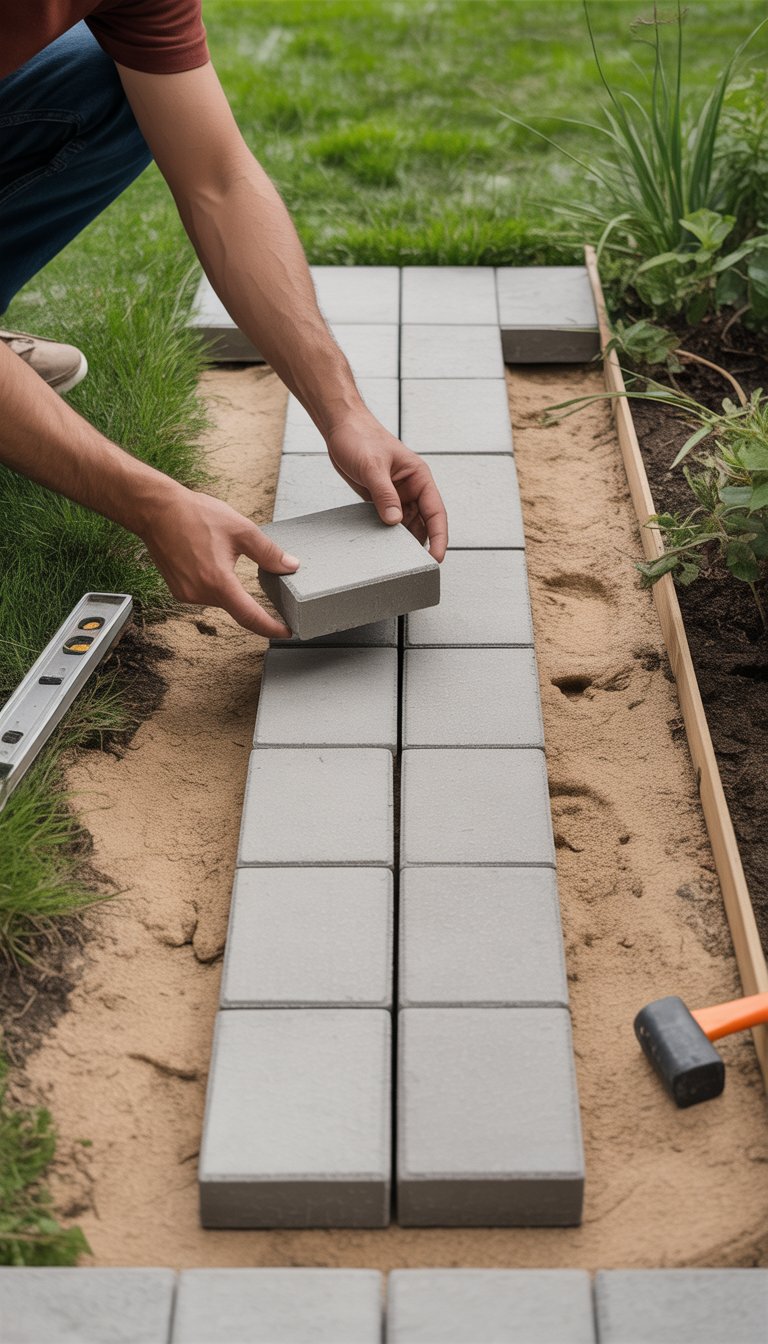 Hands assembling a simple cement paver walkway outdoors with grass and plants nearby.