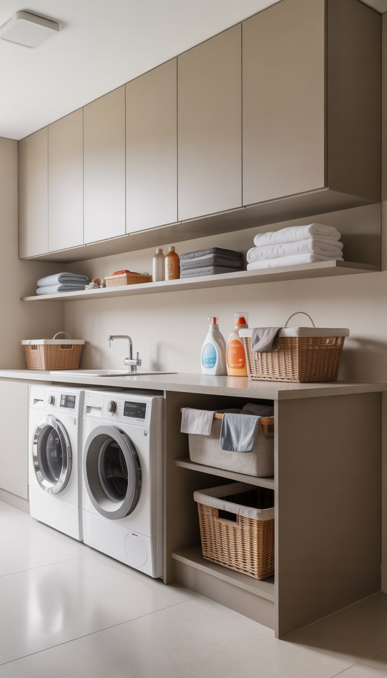 A laundry room with floating upper cabinets, a washer and dryer, a countertop, and organized shelves with laundry supplies.