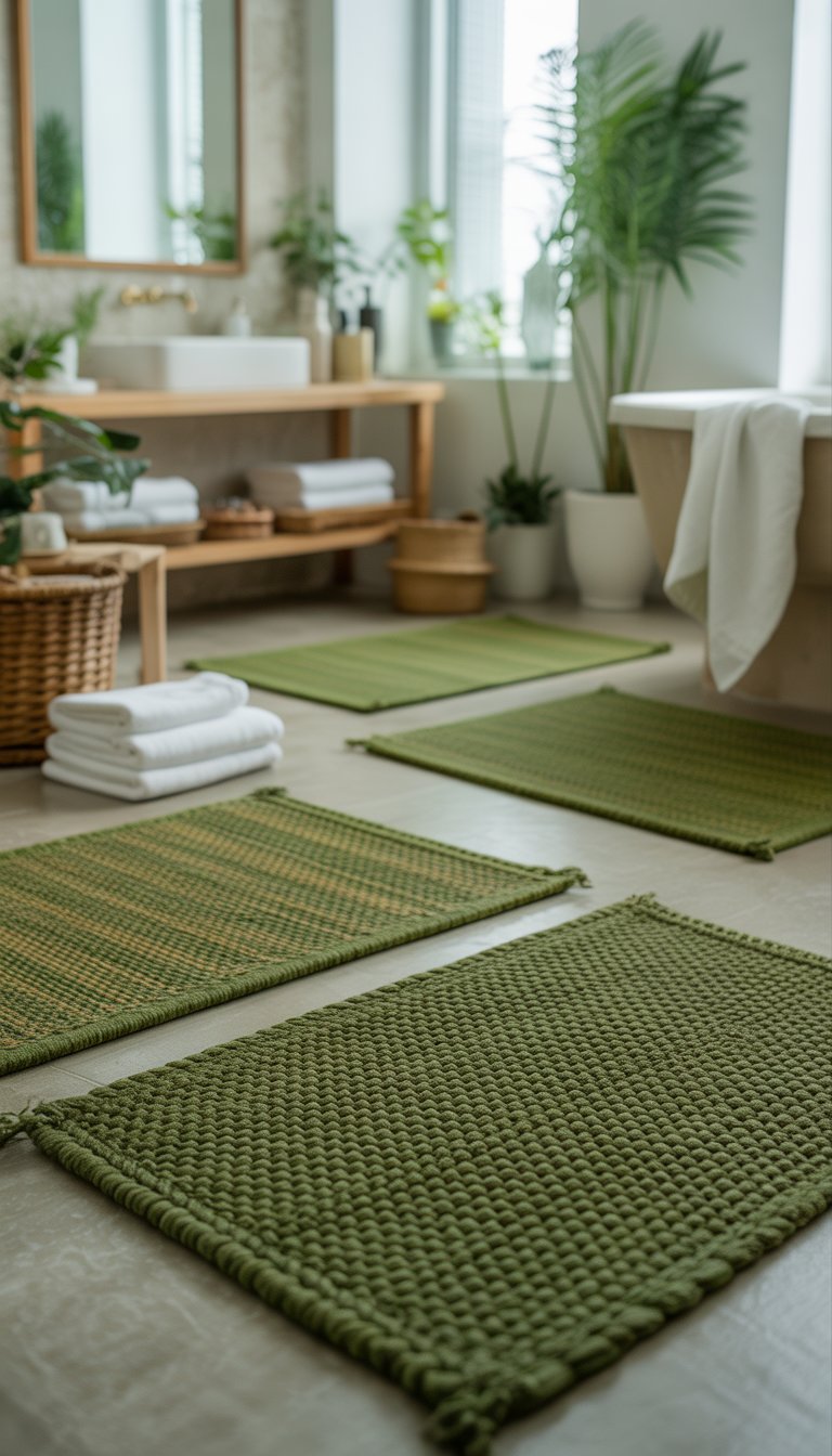 A bathroom with mossy green woven rugs on the floor, wooden accents, plants, and natural light.