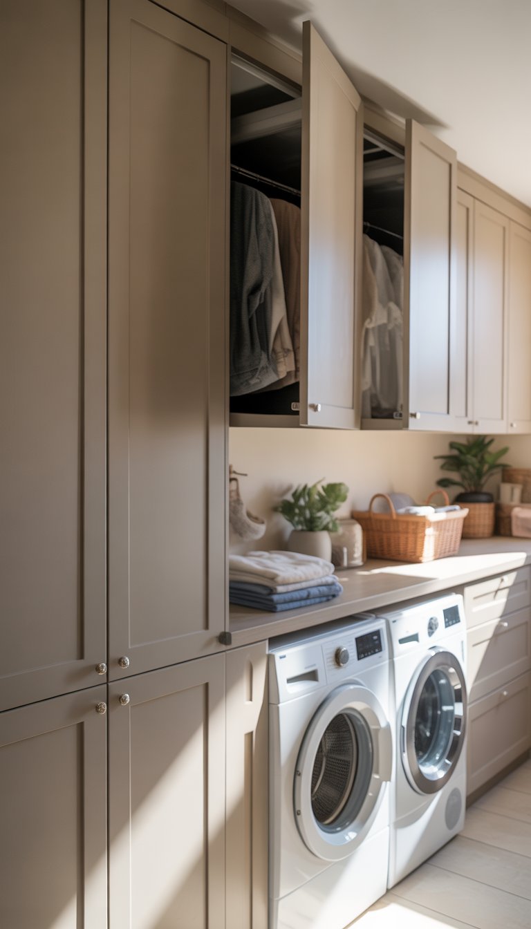 A modern laundry room with closed cabinets, a washing machine and dryer, folded laundry on the counter, and organized storage baskets.